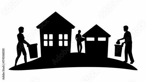 Silhouette of people collecting trash near houses in a community cleanup effort on a white background