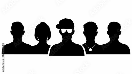 Silhouette depiction of five people standing together with varying hairstyles and accessories in black and white