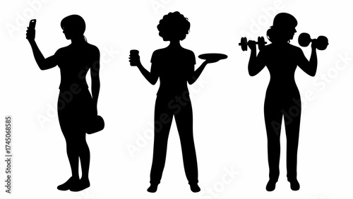 Three silhouette figures depicting a woman taking a selfie, serving food, and lifting weights with dumbbells