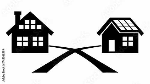 Two houses connected by crossing roads one with solar panels and the other with chimney and windows