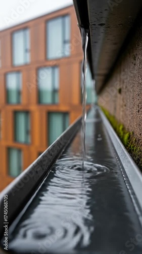 Rainwater flowing through a gutter on a buildings edge.