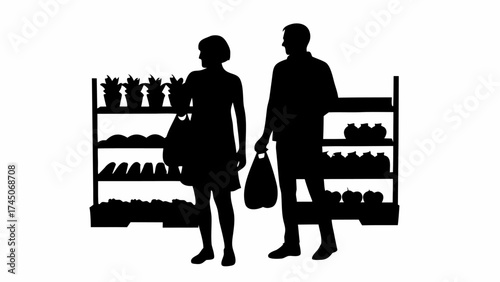 Silhouettes of a couple shopping at a market with shelves of produce and plants in the background art style