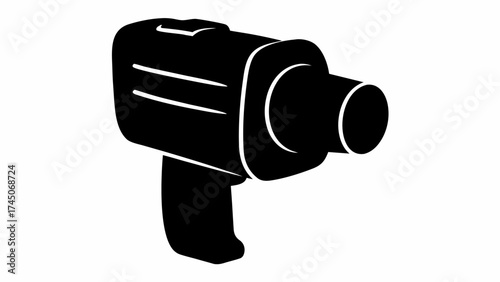 Illustration of a black handheld super 8 camera with a handle and a cylindrical lens design shown