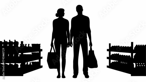 Silhouette of a couple shopping in a grocery store with shelves full of items and shopping bags in hand
