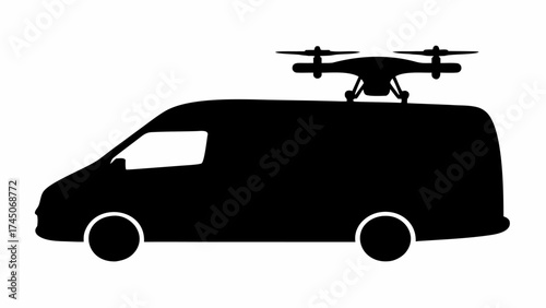 Silhouette of a van with a drone on top showcasing transportation and technology integration in black and white