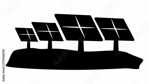 Silhouette of solar panels arranged in a row on a small hill against a white background in black and white