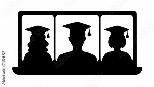 Three graduates in mortarboards attending virtual graduation ceremony on a laptop screen in silhouette