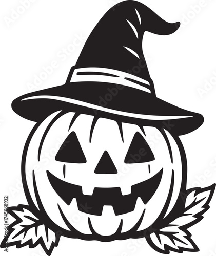 A spooky Jack-o'-lantern wearing a witch's hat, ready to cast a spell of Halloween fun. Carved with a happy, friendly grin, surrounded by autumn leaves.
