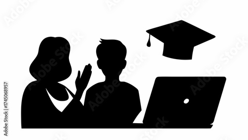 Silhouette illustration showing a student with laptop, tutor, and graduation cap for online education
