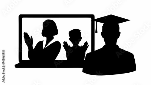 Silhouette of a graduate with online teacher and student on a laptop screen in black and white style