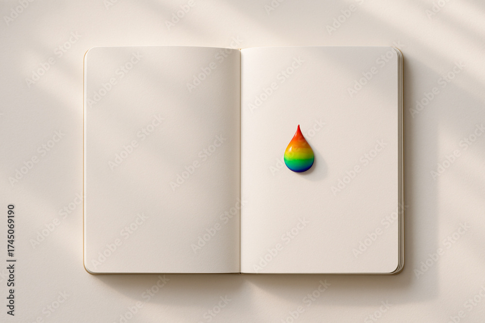 custom made wallpaper toronto digitalRainbow paint droplet on blank open notebook page with soft natural light creating calm and creative atmosphere for art or design concept