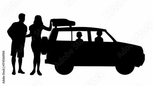 Silhouette of a family standing next to their car with luggage on top ready for a road trip adventure