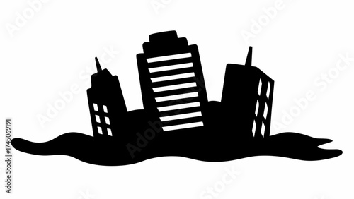 Silhouette illustration of a flooded city with skyscrapers and water waves in black and white style