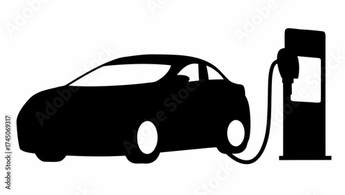 Silhouette of electric car charging at station with visible charging cable and car wheels shown fully