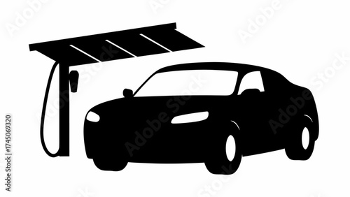 Silhouette of black car parked under a charging station with visible cable and overhead canopy design