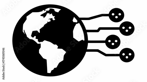 Black and white illustration of a globe with connection lines extending from the right side of the globe