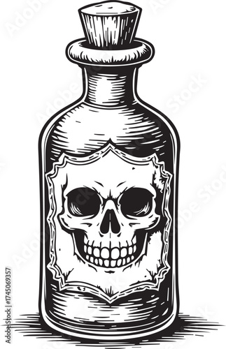 A captivating vintage illustration of a poison bottle with a prominent skull and crossbones symbol, evoking a sense of mystery and danger.