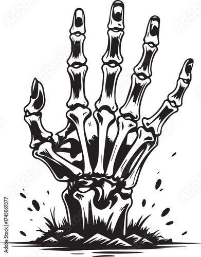 A skeletal hand emerges from the ground, the monochrome imagery and art style evoke a sense of the macabre.