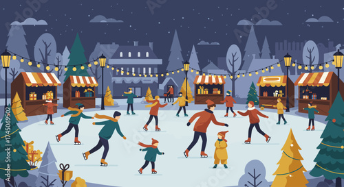 This flat design vector illustration captures the joyful atmosphere of an outdoor ice skating rink set within a vibrant Christmas market. Skaters enjoy the holiday season surrounded by festive market.
