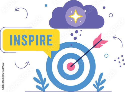 Arrow hitting target with inspire message and cloud representing aspiration in flat design style