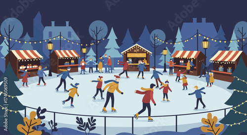 This flat design vector illustration captures the joyful atmosphere of an outdoor ice skating rink set within a vibrant Christmas market. Skaters enjoy the holiday season surrounded by festive market.