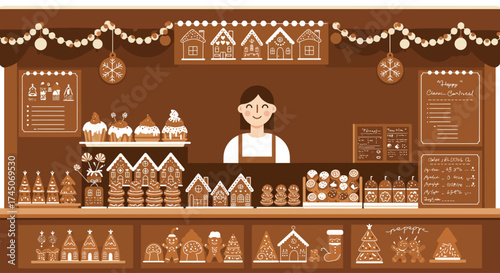 A delightful flat design illustration showcasing a tempting gingerbread house stall at a Christmas market, filled with beautifully stylized holiday treats. 