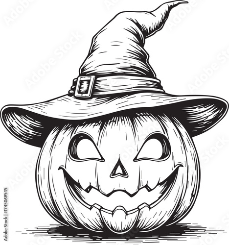 A spooky jack-o'-lantern, carved with a mischievous grin and adorned with a classic witch's hat, sets the perfect eerie tone. Perfect for your fall holiday needs.