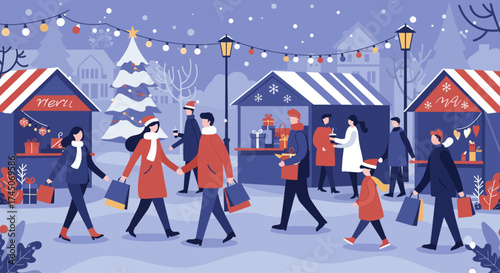 This flat design vector illustration captures the bustling and joyful atmosphere of a diverse group of people enjoying the festive spirit at a Christmas market. 
