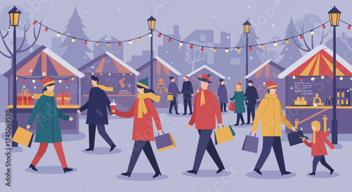 This flat design vector illustration captures the bustling and joyful atmosphere of a diverse group of people enjoying the festive spirit at a Christmas market. 