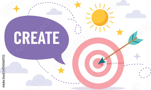 Envision creating success with a target goal using an arrow and sun for inspiration and aspiration