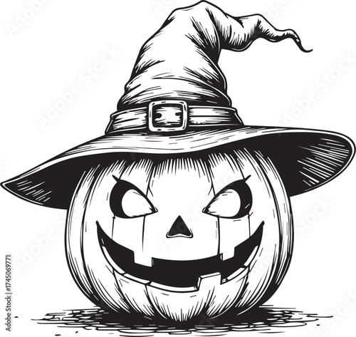 A spooky jack-o'-lantern wearing a witch's hat with an eerie smile. This Halloween image conjures the fun, playful, and spooky spirit of the season. 