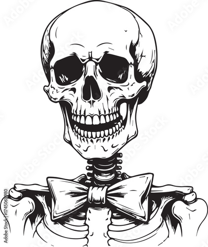 A detailed monochrome illustration showcases a skeletal figure, complete with a finely rendered skull and ribcage.