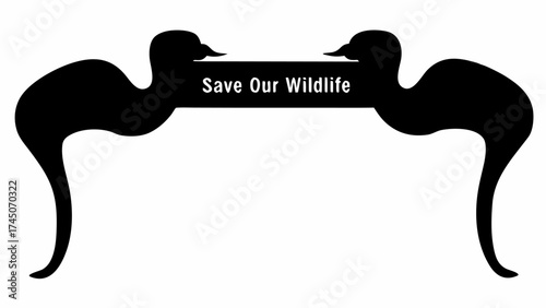 Two stylized black bird silhouettes flanking a sign that reads save our wildlife in white letters