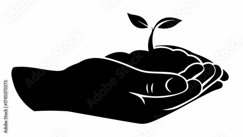 A hand holding soil with a small plant growing out of it in black and white illustration style image