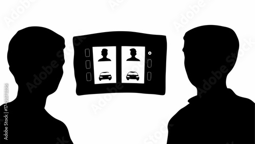 Two silhouetted figures viewing a screen displaying images of people and cars in a black and white setting