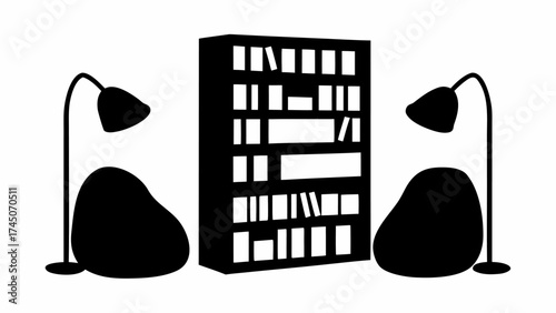 Silhouette illustration of a bookshelf flanked by two chairs and lamps creating a cozy reading nook area