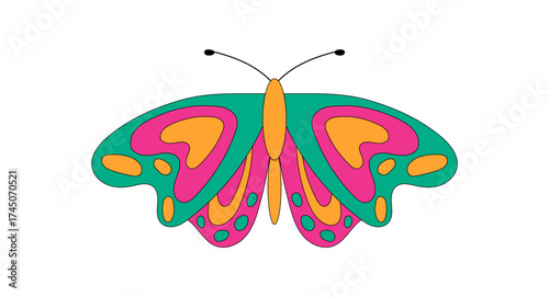 Colorful groovy butterfly in a retro psychedelic cartoon look. Abstract funky pop form as a groovy element. Perfect sticker with y2k details for playful vintage style or fun accent design.