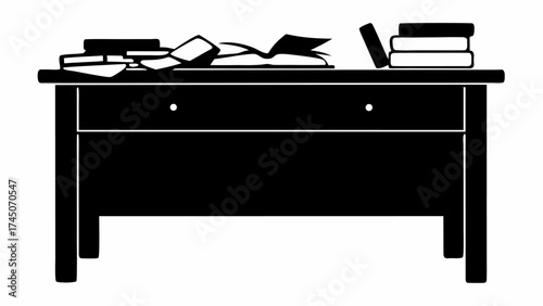 Illustration of a black desk with two drawers and a pile of books and papers on top of the surface