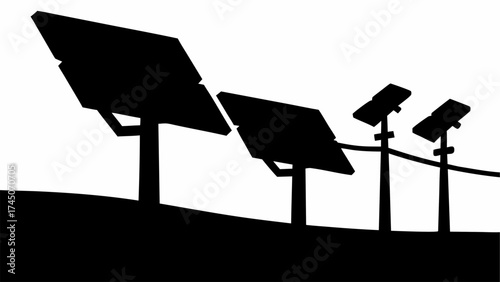 Silhouette of solar panels on a hill with power lines connecting them in a minimalist black and white style