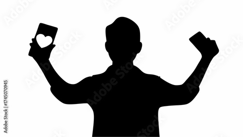 Silhouette of a person holding smartphones with a heart and blank screen in outstretched arms pose