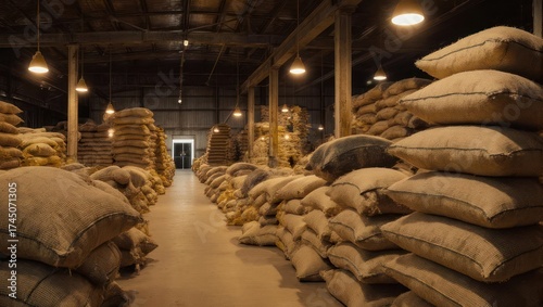 A vast warehouse interior filled with stacked burlap sacks under warm, dim lighting