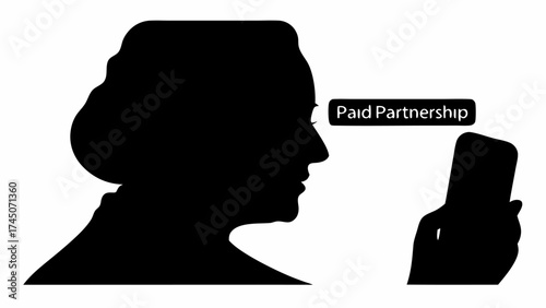 Silhouette of a woman looking at a mobile phone with a paid partnership label next to her head