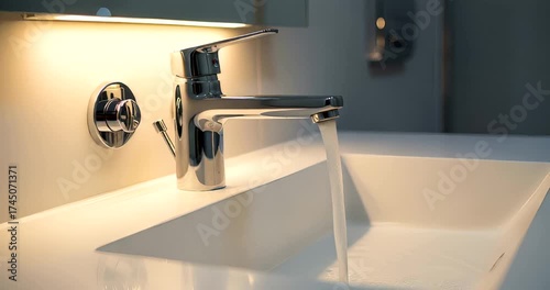 Modern bathroom faucet with running water over a sleek white sink