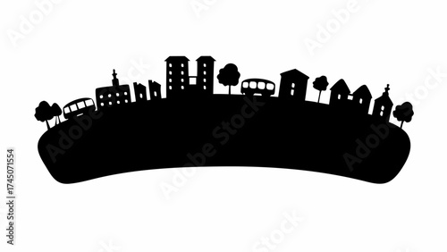 Silhouette of a city skyline with buildings trees and a bus on a curved black shape landscape view