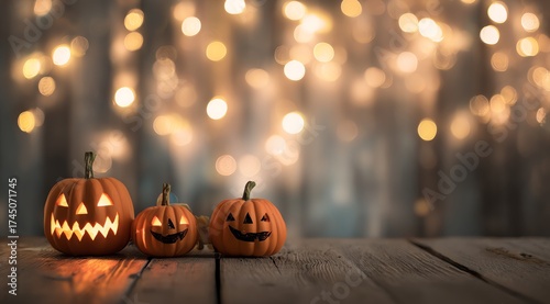 Charming Halloween pumpkins with glowing faces, set against a warm, blurred background of lights. Perfect for capturing the festive spirit of autumn and the joy of celebrations.