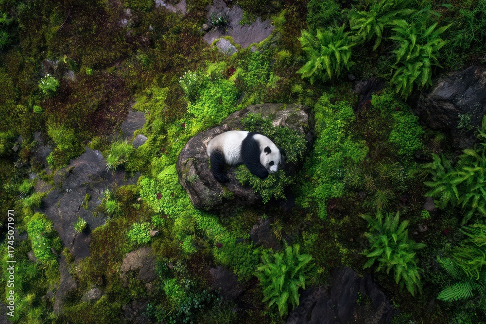 Obraz premium Top-Down View of Panda Resting on Mossy Rock