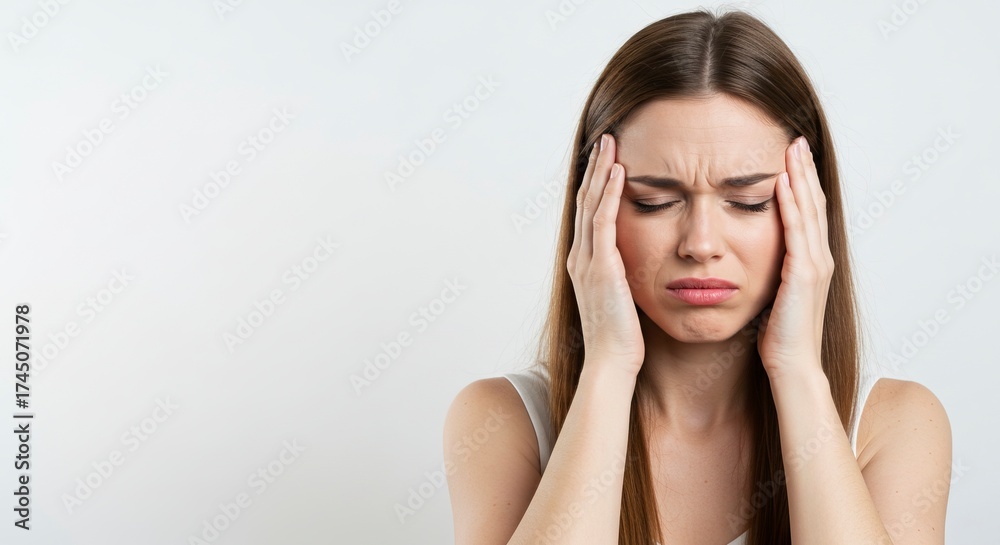 Fototapeta premium Woman with eyes closed hands on temples appears distressed