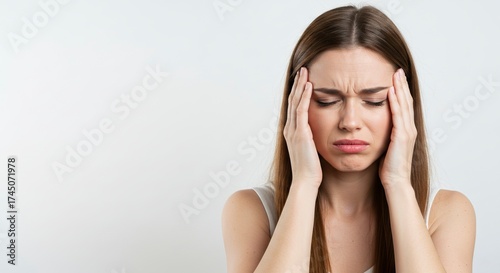 Woman with eyes closed hands on temples appears distressed