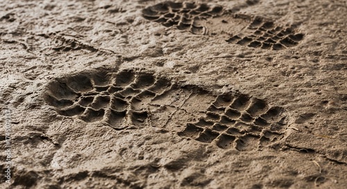 Two shoe prints are pressed into the mud with detailed sole patterns visible