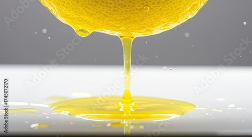 Yellow liquid dripping from a citrus fruit creating a pool on a white surface against a gray background